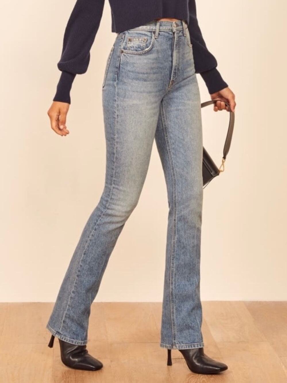 REFORMATION Peyton High Rise Bootcut Jeans Cowboy Crease Malta Blue Size 28